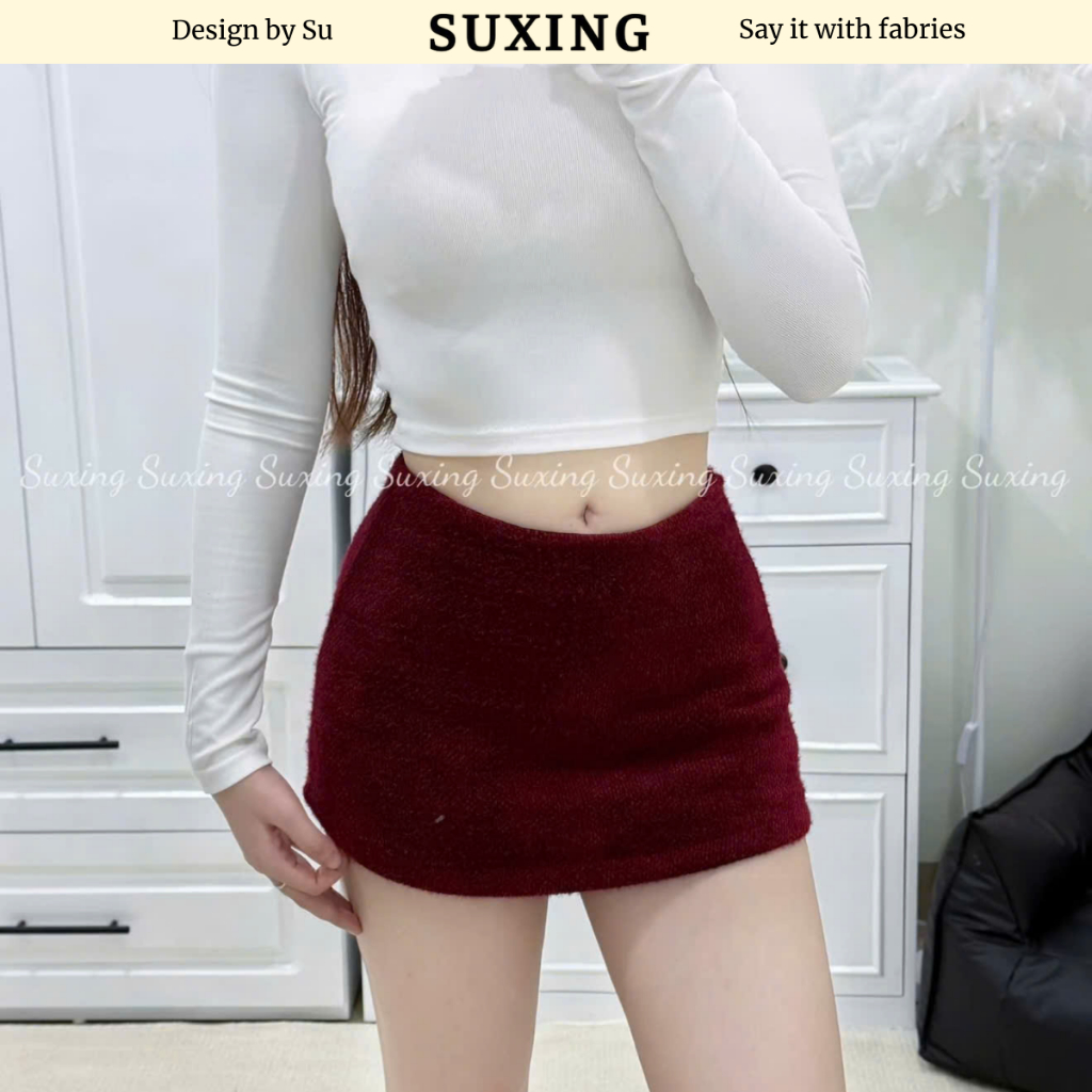Chân Váy Chữ A Dáng Ngắn Form Dáng Y2K Khóa Kéo Chất Nỉ Thỏ - Suxing