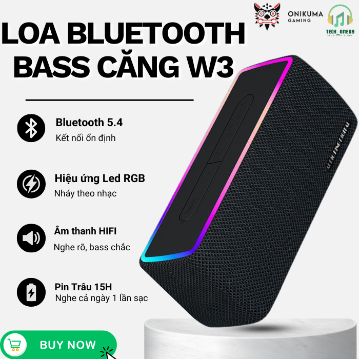 Loa Bluetooth Bass Căng W3 - 2 loa đèn led RGB công suất 15W - Âm thanh HIFI sống động- Pin trâu 10h