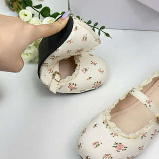 (CHÂN GẦY LÙI SIZE) Giày búp bê hoa nhí viền ren BuNaShoes-Giày mũi tròn đế bằng 2cm-Giày tiểu thư, giày học sinh