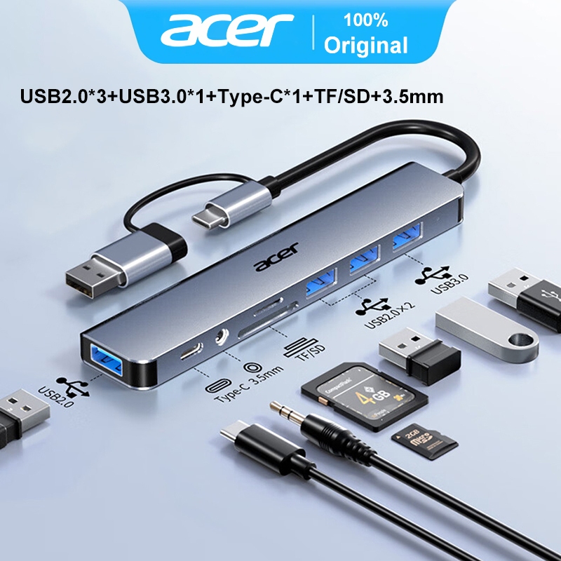 Hub Chia Cổng Acer T8 Type-C & USB 3.0 | USB Hub 8 in 1 | USB2.0*3+USB3.0*1+Type-C*1+TF/SD+3.5mm