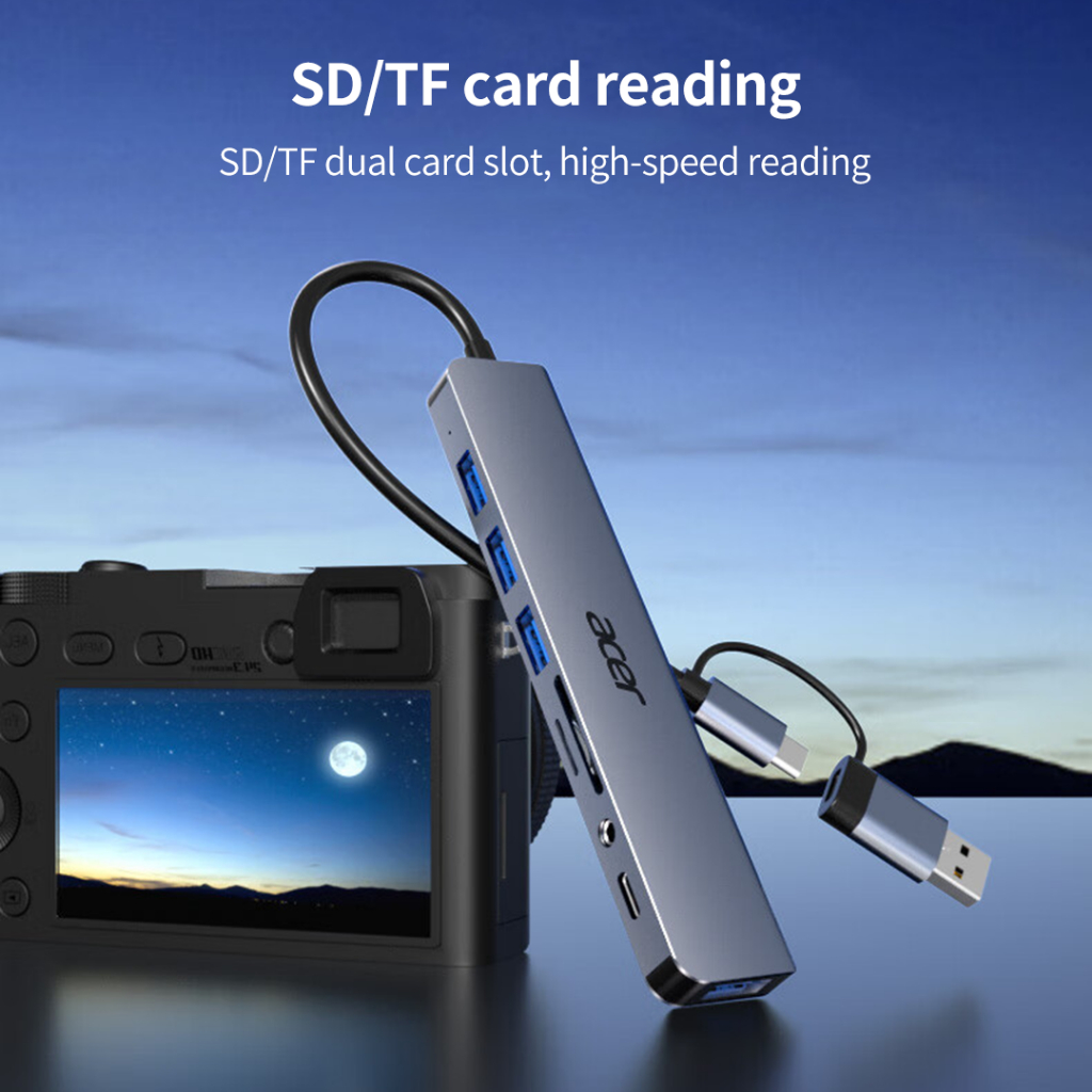 Hub Chia Cổng Acer T8 Type-C & USB 3.0 | USB Hub 8 in 1 | USB2.0*3+USB3.0*1+Type-C*1+TF/SD+3.5mm | BigBuy360 - bigbuy360.vn