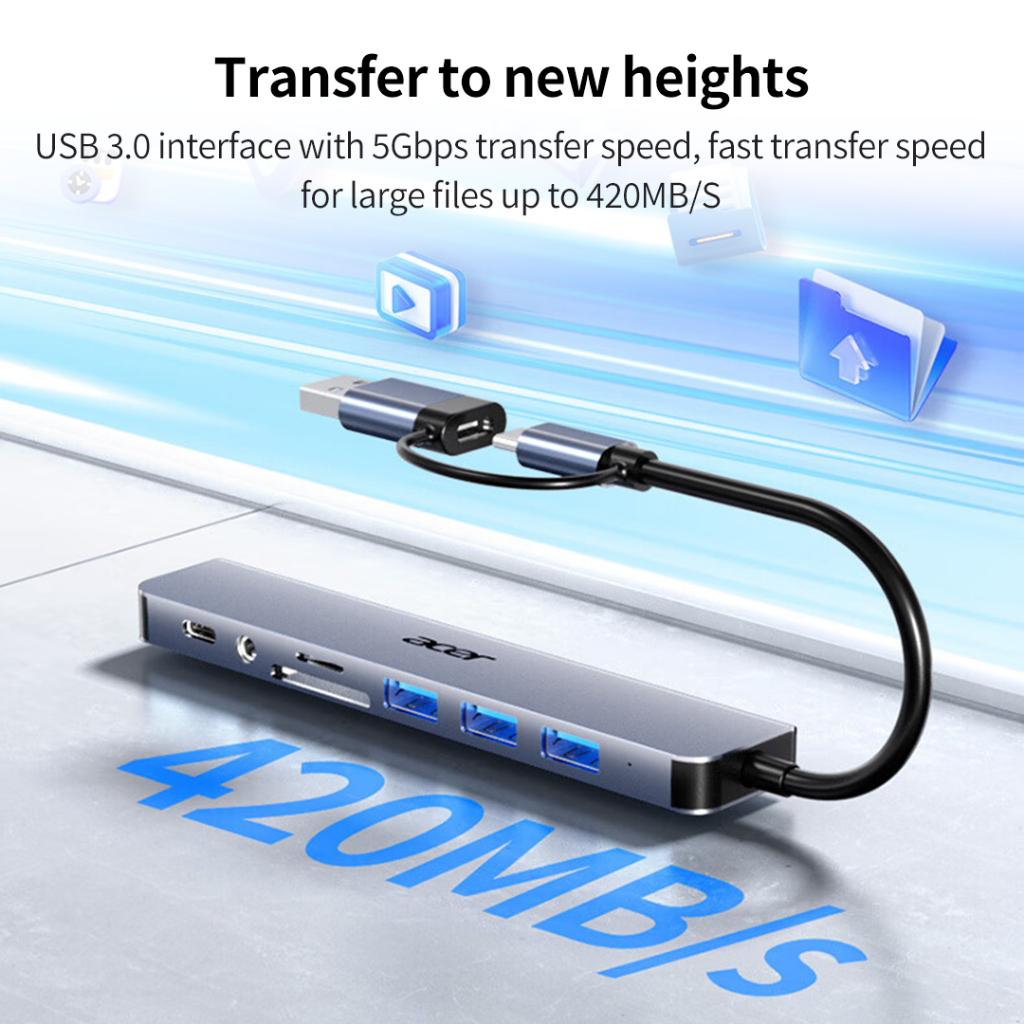 Hub Chia Cổng Acer T8 Type-C & USB 3.0 | USB Hub 8 in 1 | USB2.0*3+USB3.0*1+Type-C*1+TF/SD+3.5mm | BigBuy360 - bigbuy360.vn