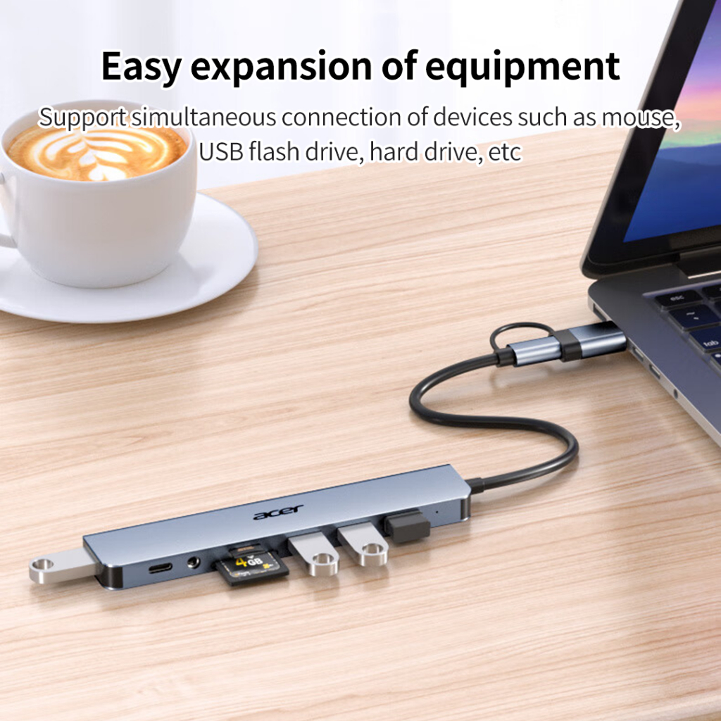 Hub Chia Cổng Acer T8 Type-C & USB 3.0 | USB Hub 8 in 1 | USB2.0*3+USB3.0*1+Type-C*1+TF/SD+3.5mm | BigBuy360 - bigbuy360.vn