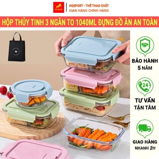 Hộp Thủy Tinh To 3 Ngăn 1040ml, Đựng Cơm Văn Phòng An Toàn Cao Cấp, Quay Nóng Lò Vi Sóng Nắp Chống Tràn 3 Màu Phong Cách