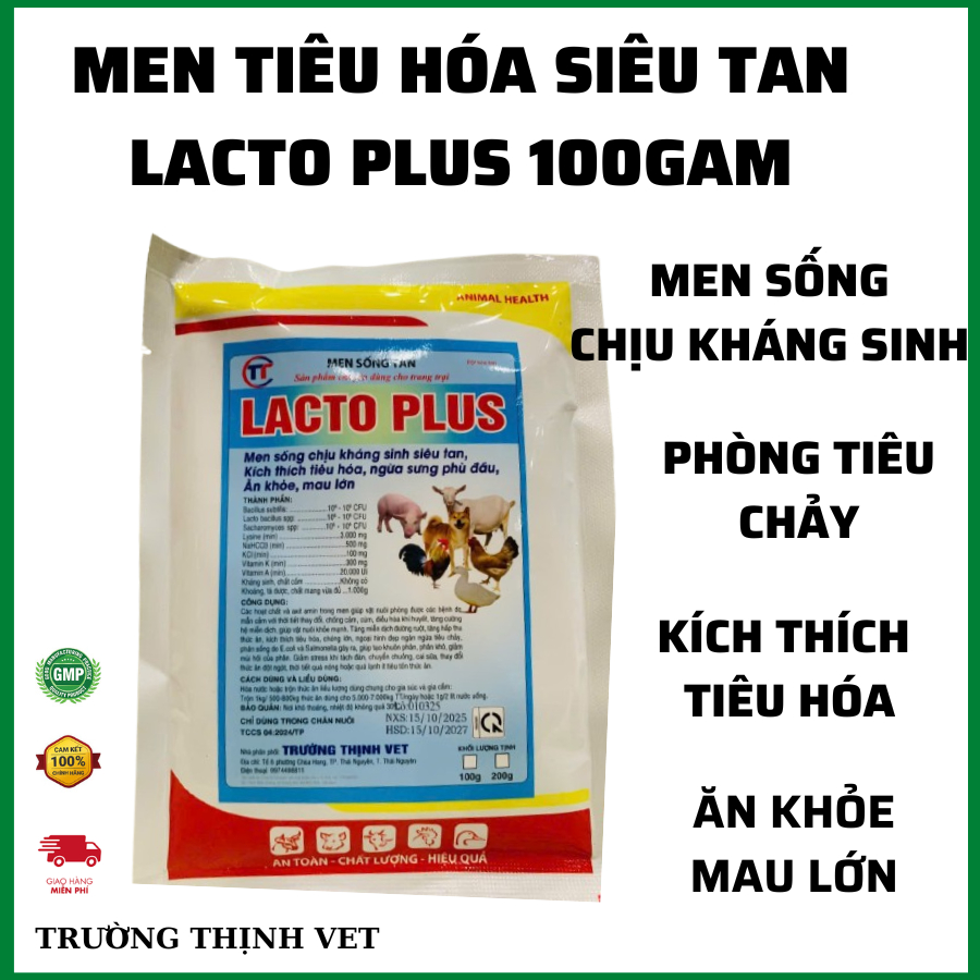 Men Lac.to gói 100g bổ sung lợi khuẩn, tiêu hóa, hấp thu tốt thức ăn. Thú y Trường Thịnh