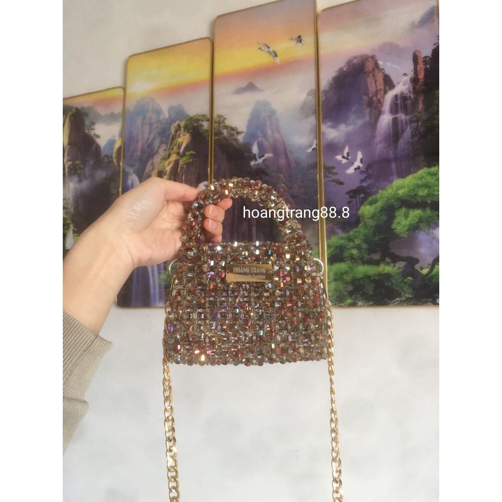 Dây kết bằng hạt pha lê đeo chéo túi xách pha lê lấp lánh bling