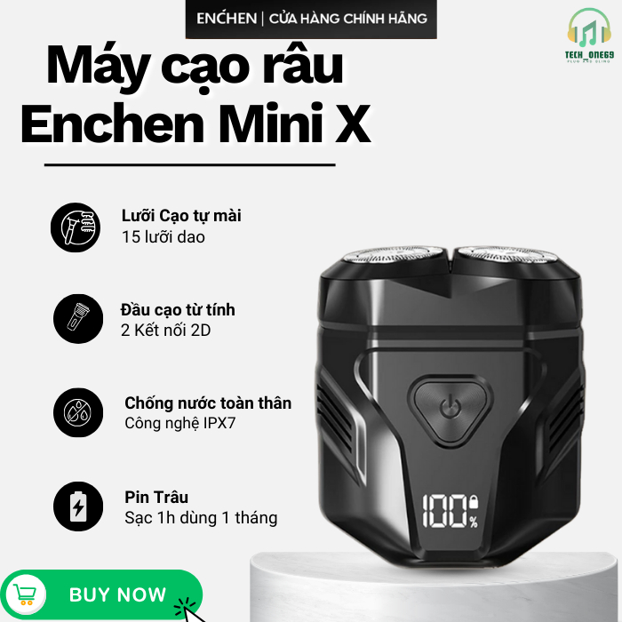 MÁY CẠO RÂU ENCHEN MINI X – 15  LƯỠI DAO TỰ MÀI, CHỐNG NƯỚC TOÀN THÂN IP7- NHỎ GỌN,TIỆN LỢI,PIN TRÂU