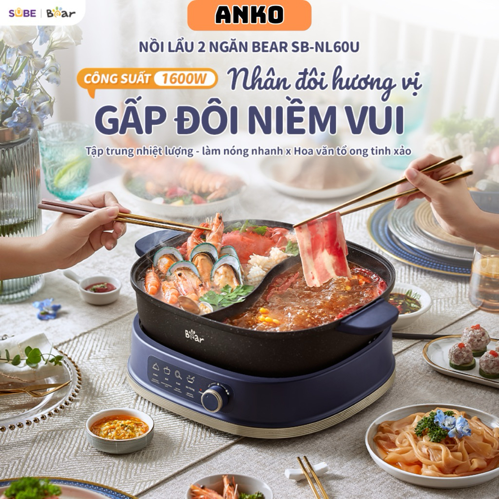 Nồi lẩu nướng đa năng BEAR 2 ngăn 6L SB-NL60U-2 Ngăn lẩu-Công suất 1600W - Núm xoay - 3 lớp đáy từ B