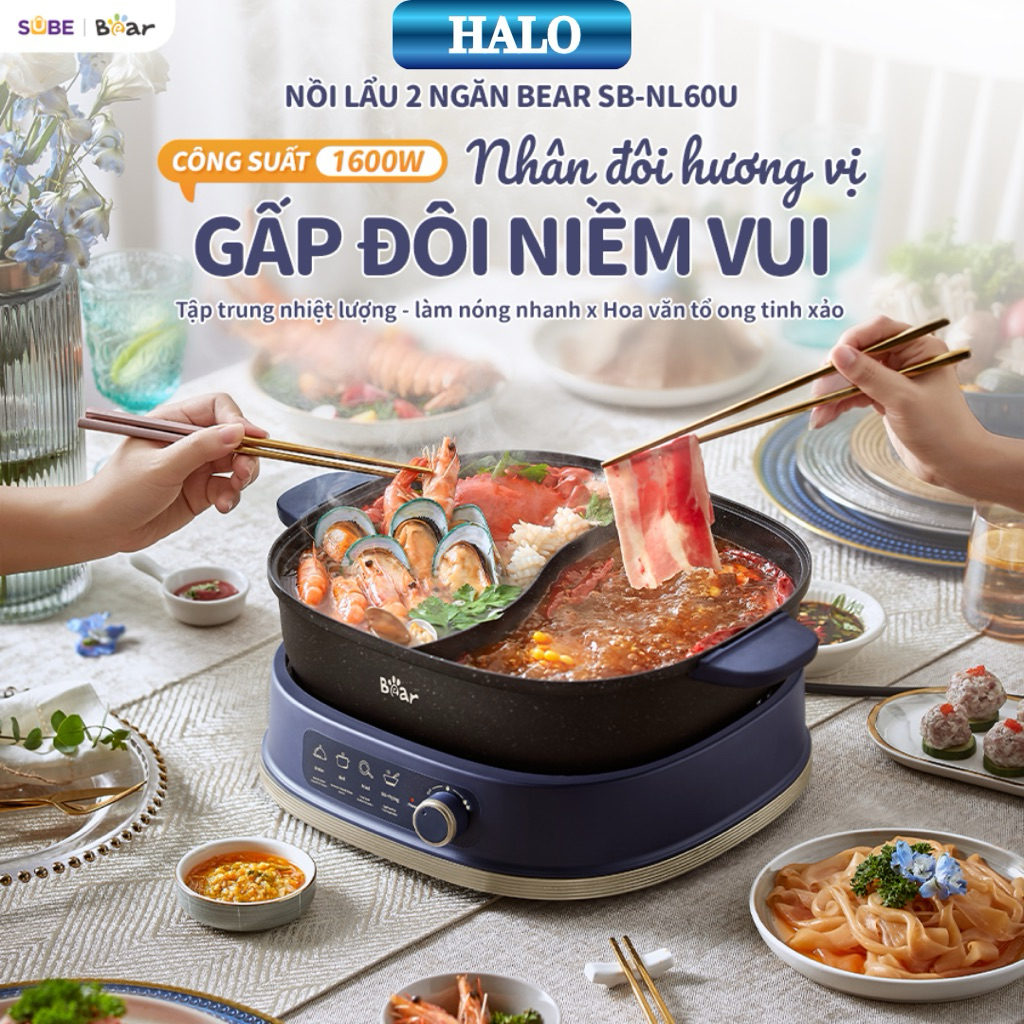Nồi lẩu nướng đa năng BEAR 2 ngăn 6L SB-NL60U-2 Ngăn lẩu-Công suất 1600W - Núm xoay - 3 lớp đáy từ B