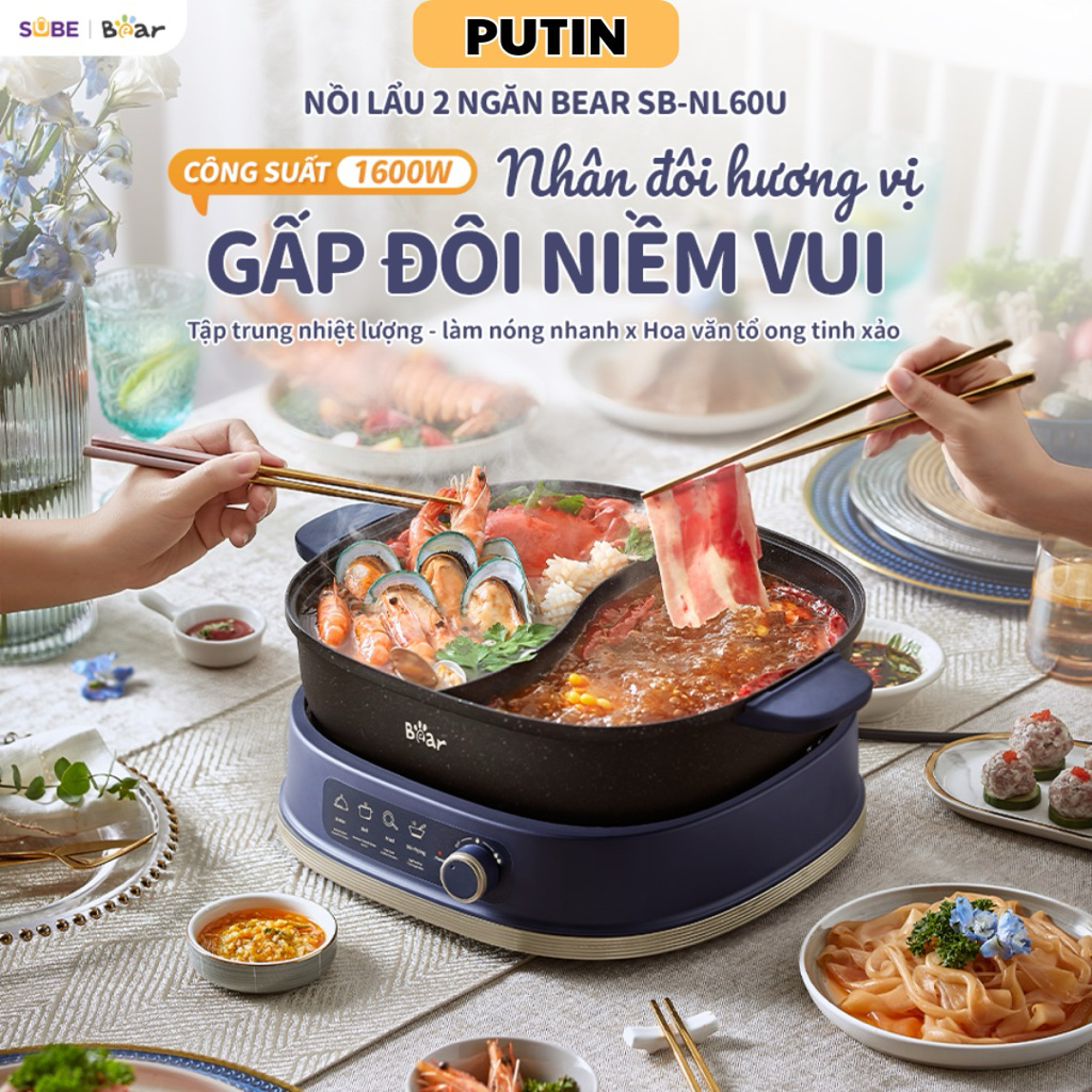 Nồi lẩu nướng đa năng BEAR 2 ngăn 6L SB-NL60U-2 Ngăn lẩu-Công suất 1600W - Núm xoay - 3 lớp đáy từ B