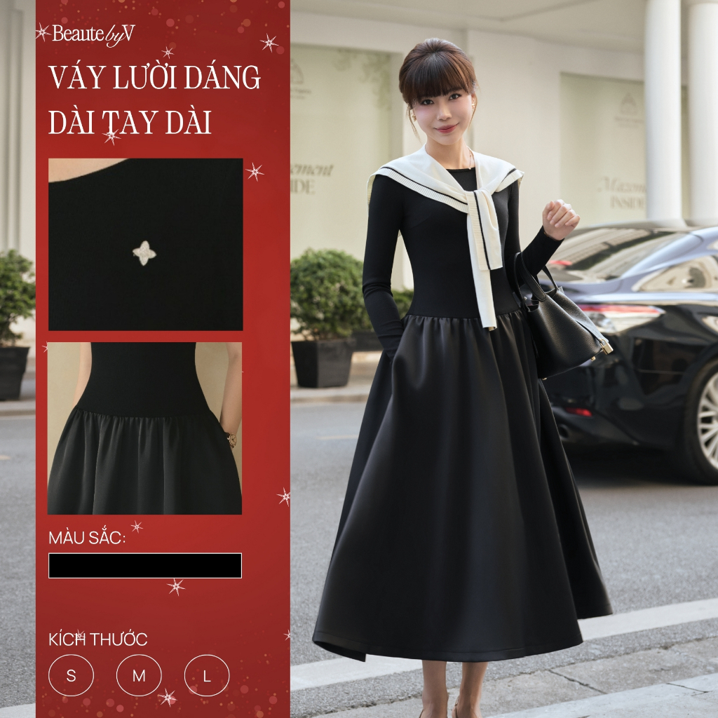 🔥[GIÁ TỐT] Váy lười nữ công sở Long Lyzie Dress BEAUTEBYV dài tay/ngắn tay, khăn choàng vai Marine