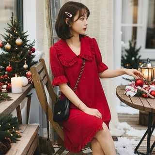 Đầm đỏ suông cổ bèo nút bọc, váy noel, dạo phố (kèm hình thật)