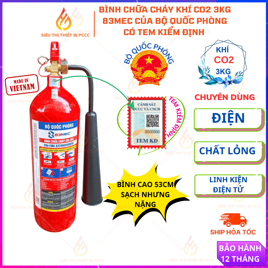 {Có kiểm định}Bình chữa cháy khí CO2 3kg 83MEC của BỘ QUỐC PHÒNG có kiểm định,chuyên thiết bị điện