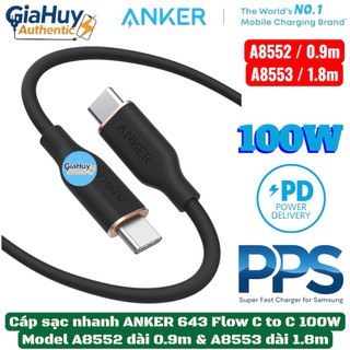  Cáp sạc nhanh ANKER 643 Flow USB-C to USB-C 100W PD PPS2.0 A8552 dài 0.9m & A8553 dài 1.8m - Hàng chính hãng uỷ quyền 