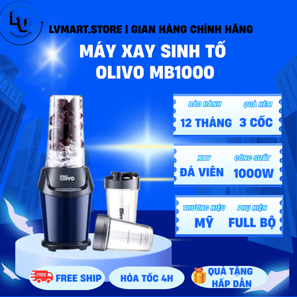 Máy Xay Sinh Tố OLIVO MB1000 - 3 Cốc Linh Hoạt - Xay Đá Bào, Sinh Tố, Xay Khô - Công Suất 1000W 🇺🇸