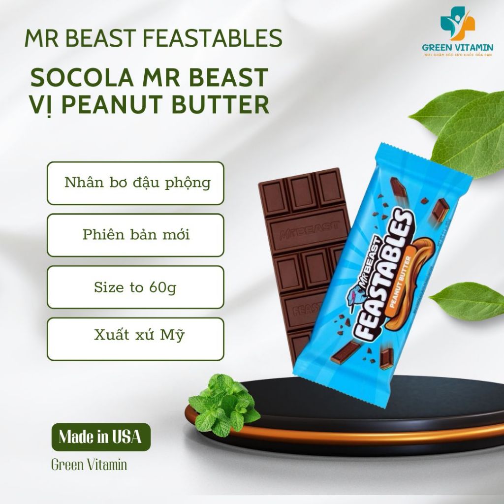 [Thanh 60g] Socola Mr Beast Feastables vị Peanut Butter - Milk Chocolate - Milk Crunch