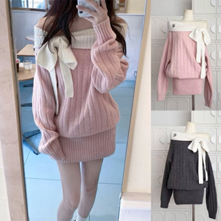   Sẵn + Hỏa tốc  Naii.order | Váy len nữ trễ vai nơ xinh xắn 2 màu hồng - xám có BIG SIZE thanh lịch nhẹ nhàng - N369 