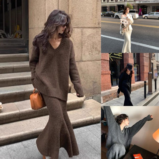  Naii.order | Set váy len nữ phong cách retro gồm áo len cổ v và chân váy đuôi cá 