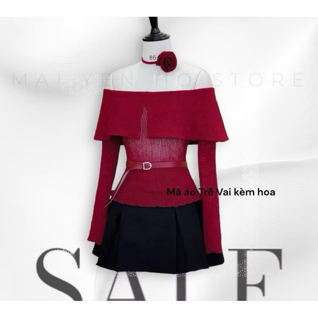 (Diện Tết & Noel) Áo Len Lưới Trễ Vai Kèm Hoa Len Siêu Hot