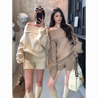  Thehermit | Set áo len trễ vai + quần short nữ sexy phong cách Hàn Quốc cao cấp 