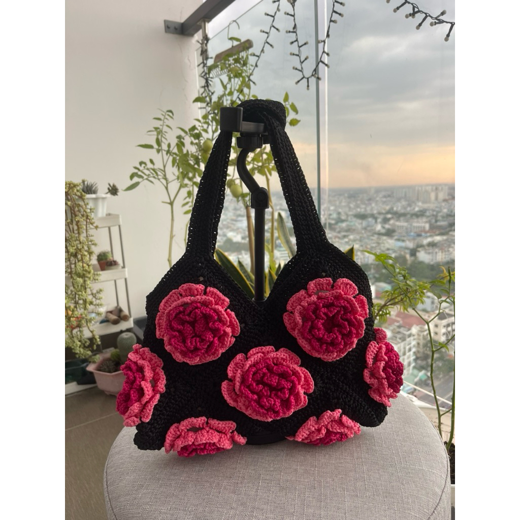 túi len hoa hồng phối màu ghép ô vuông. KT 20x25cm.