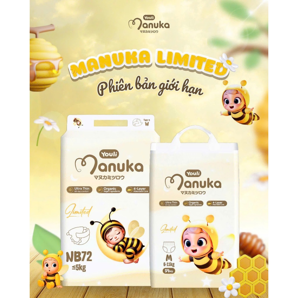 1 BỊCH Tã Bỉm MANUKA LIMITED siêu mỏng thoáng khí thấm hút nhanh chống hăm hiệu quả