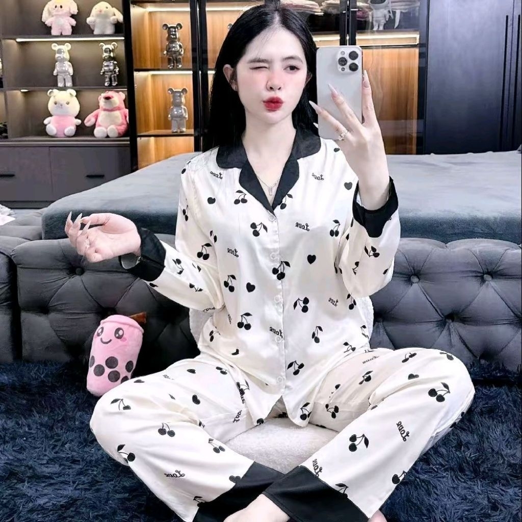 Đồ bộ pjiama lụa LATIN cổ truyền thống tay dài in họa tiết dễ thương 40 - 60 kg