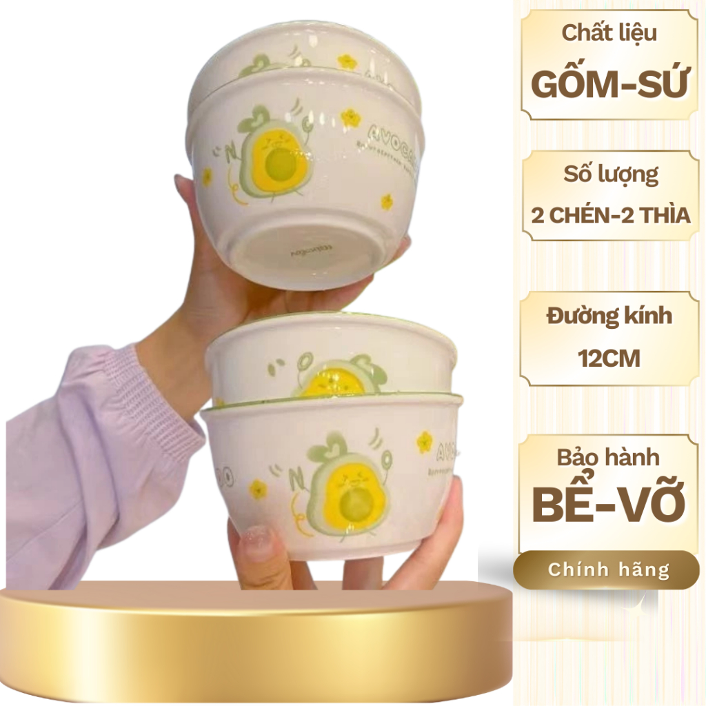Set 2 Chén 2 Muỗng Gốm Sứ – Bộ Bát Muỗng Dễ Thương, Dùng Hàng Ngày