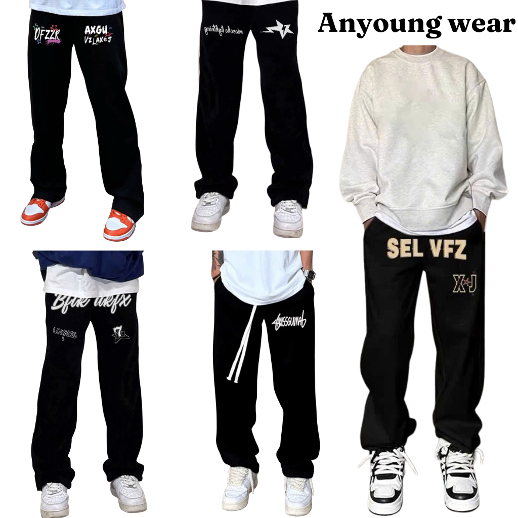 ANYOUNG Quần Nỉ Ống Suông Nam 2 Da ANYOUNG–Họa Tiết In Hình Xịn Thể Thao Form Rộng Unisex QD330 Màu 