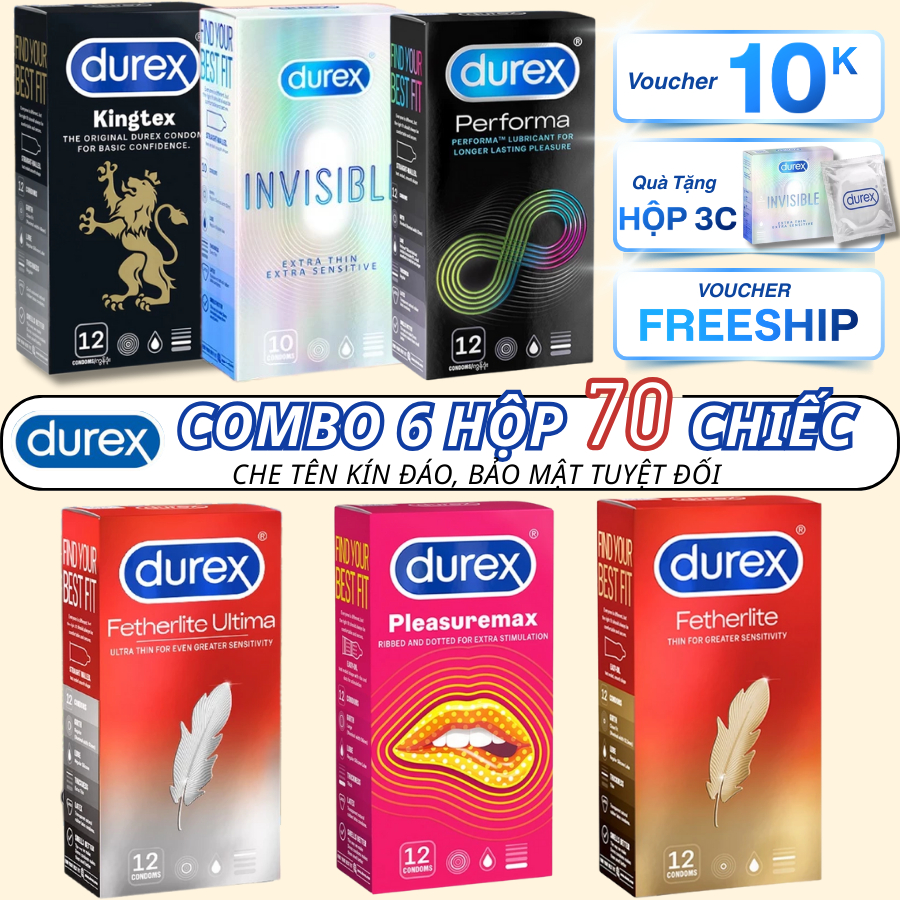 Combo 6 Hộp 70 Bao Cao Su Bán Chạy Nhất Thương Hiệu Durex Siêu Mỏng Kéo, Dài Thời Gian, Ôm Sát, Gân Gai