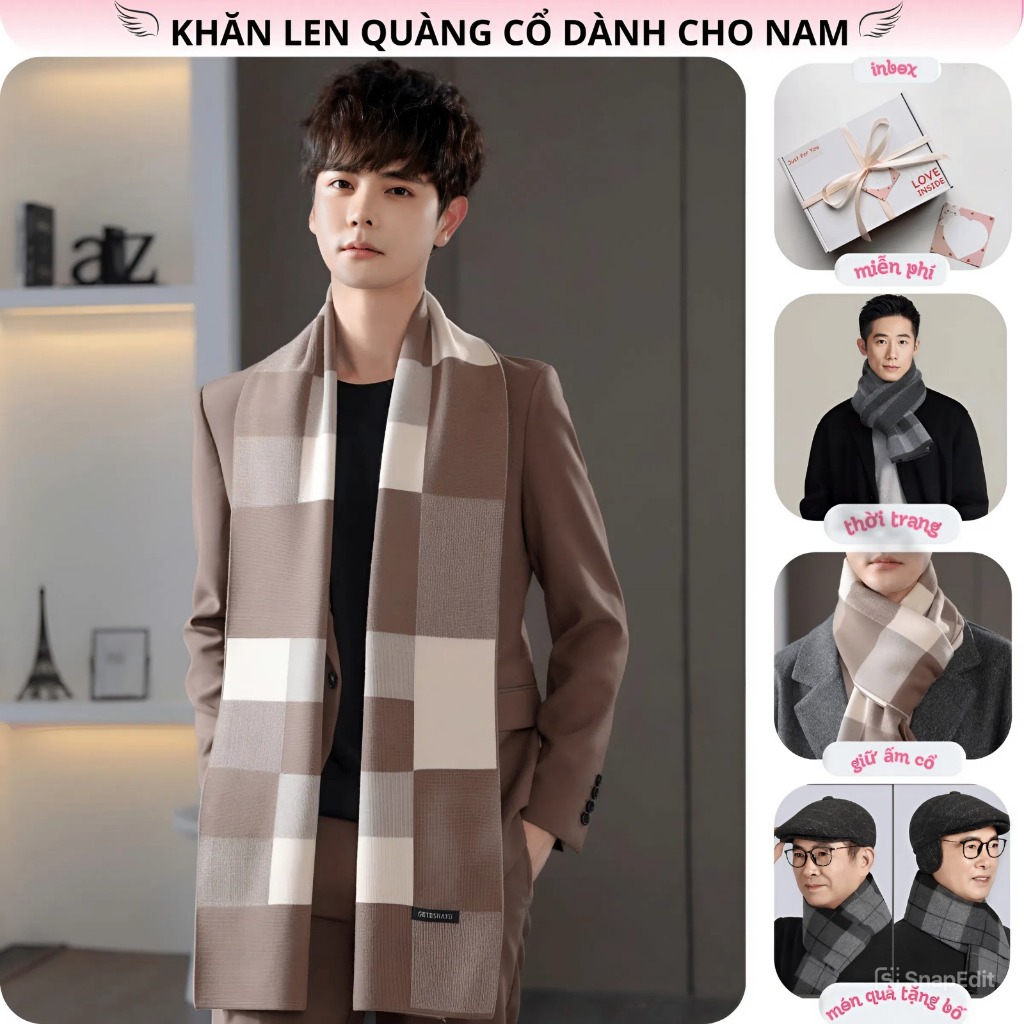 Khăn Len Quàng Cổ Nam Kẻ Ca Rô Phong Cách Hàn Quốc Trẻ Trung Lịch Lãm - Chất Liệu Len Cashmere Mềm Mịn Giữ Ấm Mùa Đông