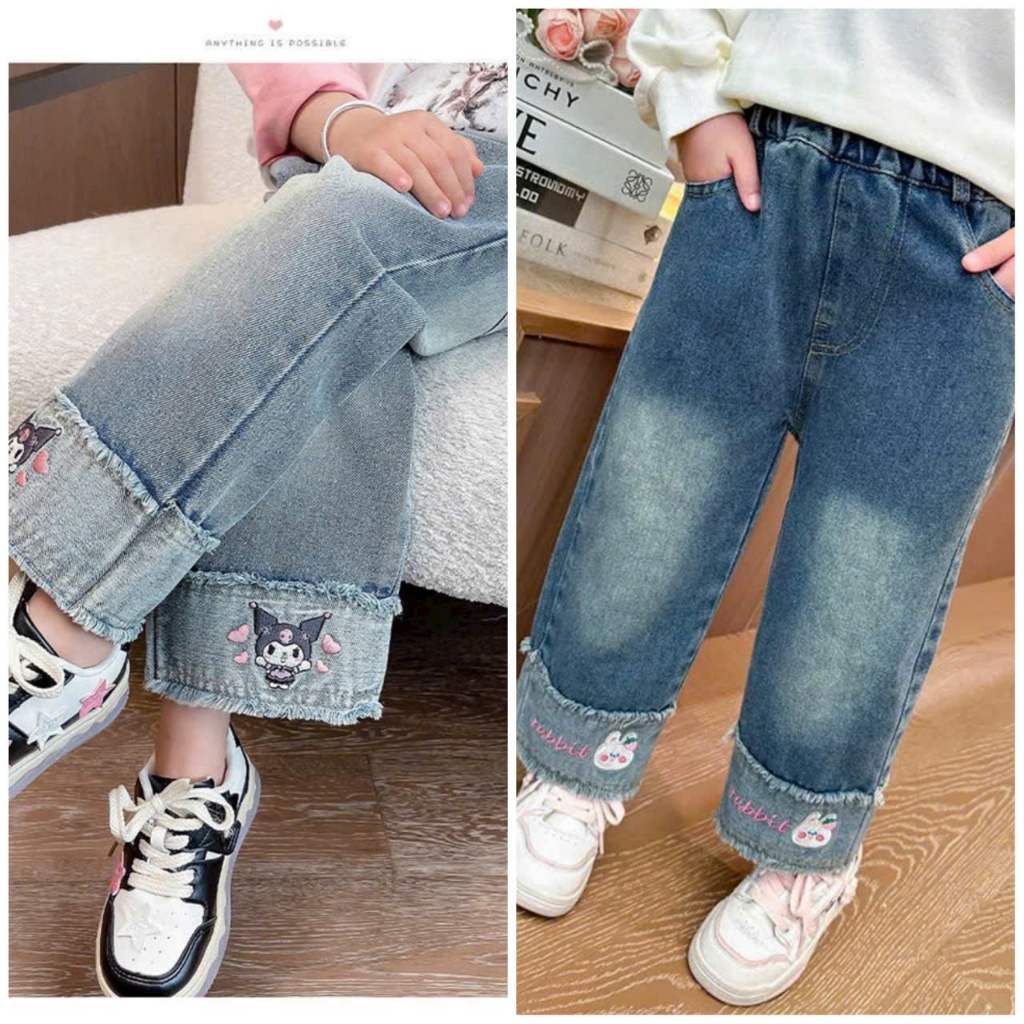 Kombo 2 quần mẫu mới cho bé gái. Quần bò ống rộng thêu gấu kèm thiết kế đẹp mắt cho bé size 12-30kg