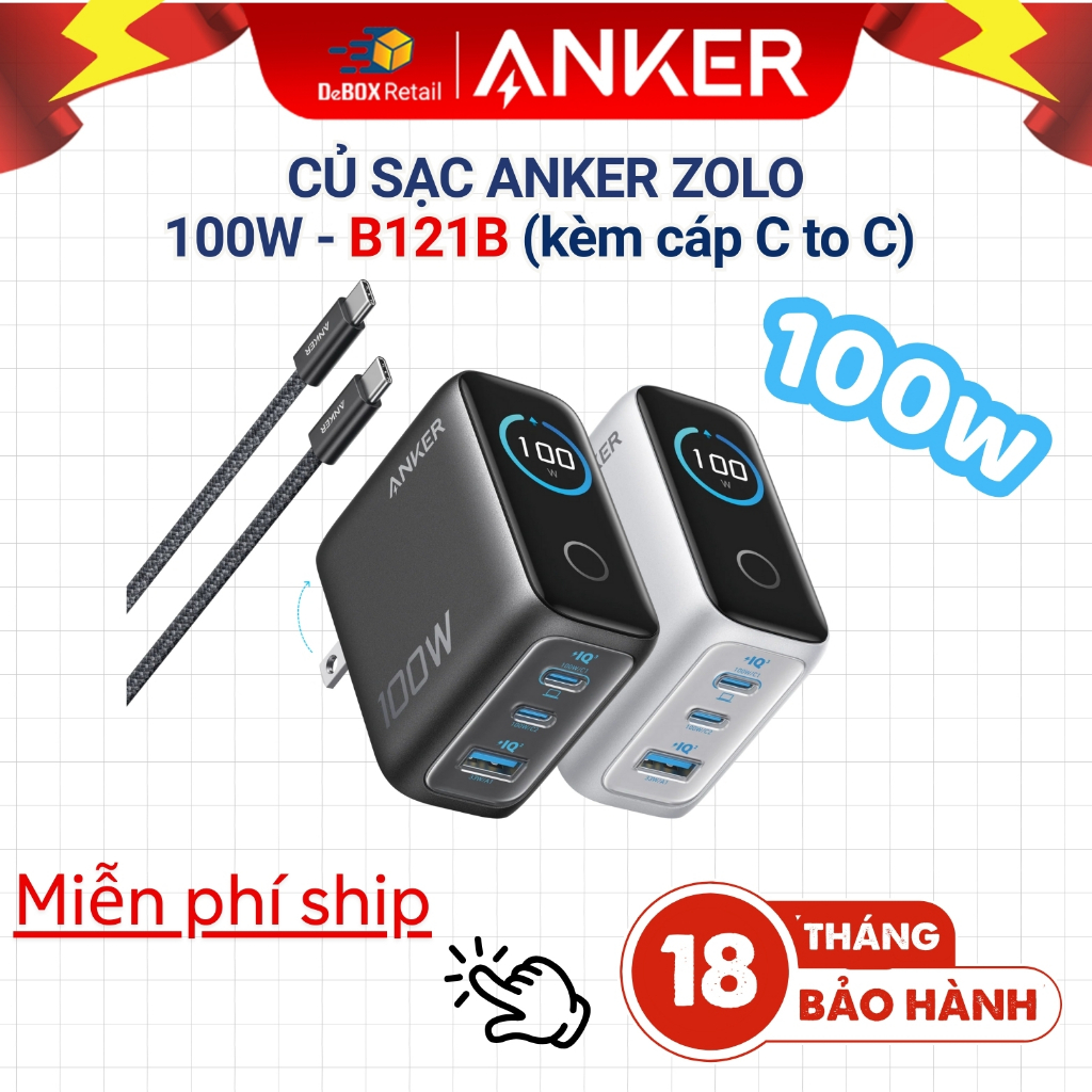 Bộ Sạc nhanh ANKER Zolo 100W GaN Màn hình AI thông minh cảm 2C1A (kèm cáp USB-C) - B121B Viettel phâ