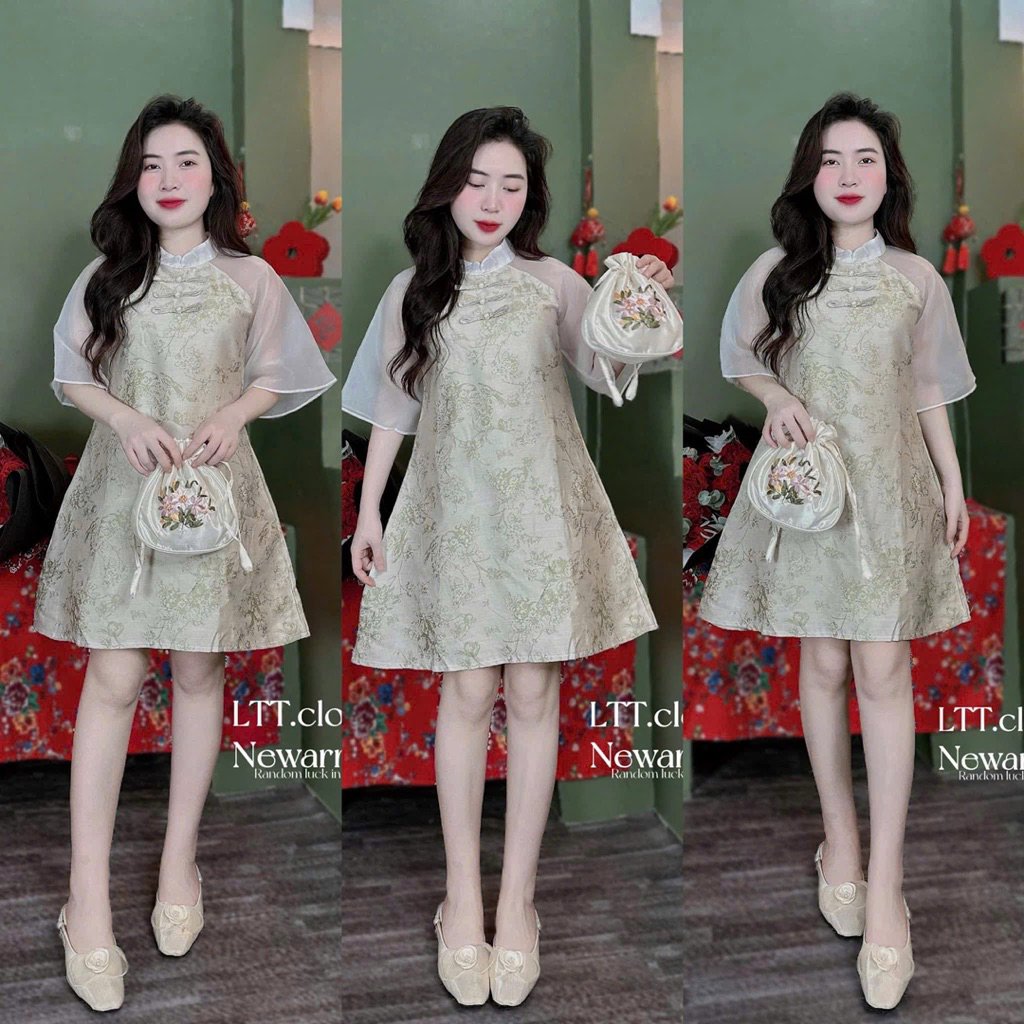 ĐẦM GẤM TAY TƠ TRẮNG ĐÍNH 3 NƠ - TẾT 2026