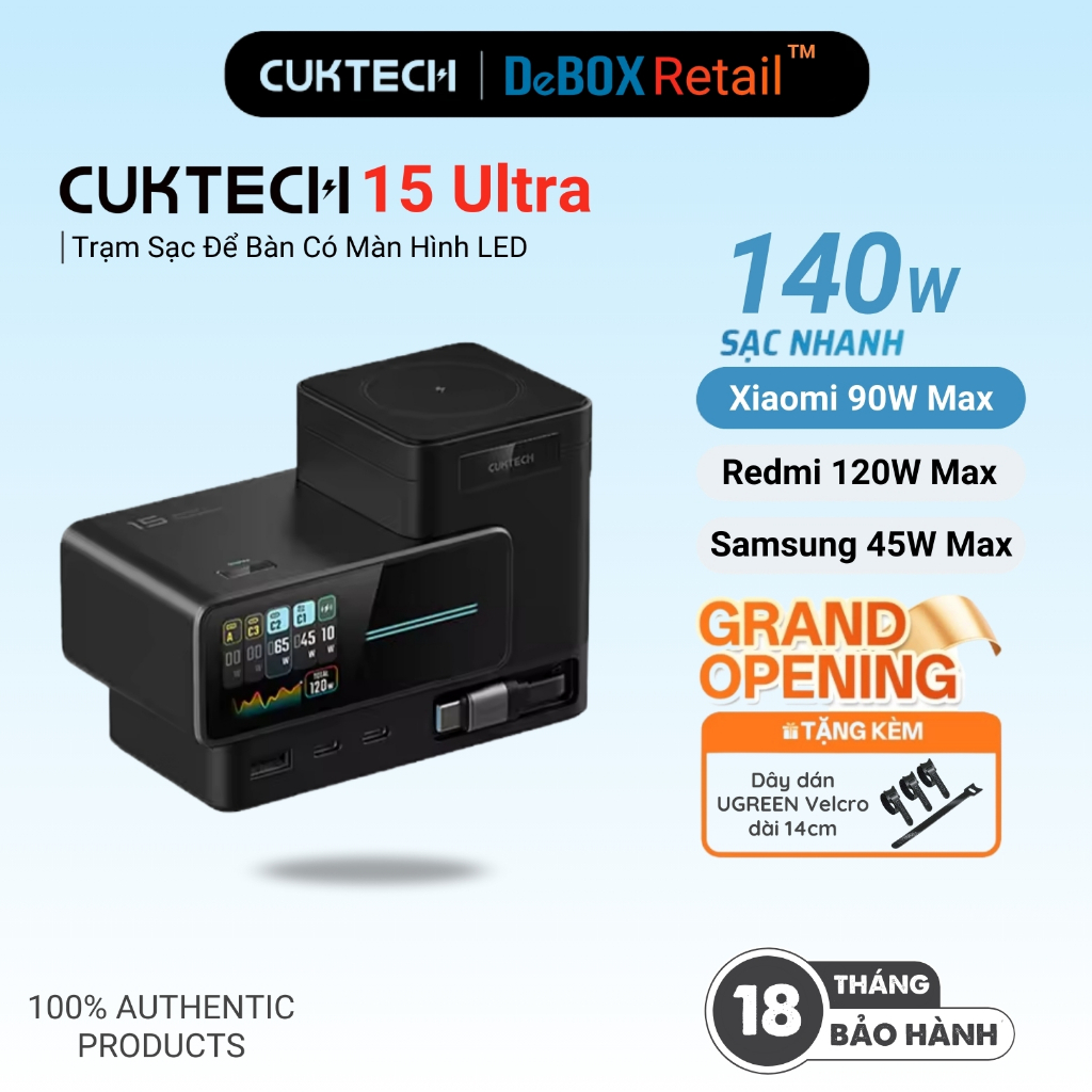 Trạm Sạc GaN Siêu Nhanh CUKTECH 15 ULTRA 140W | Cáp Type-C rút gọn tích hợp | Màn Hình 1.83 Inch - C