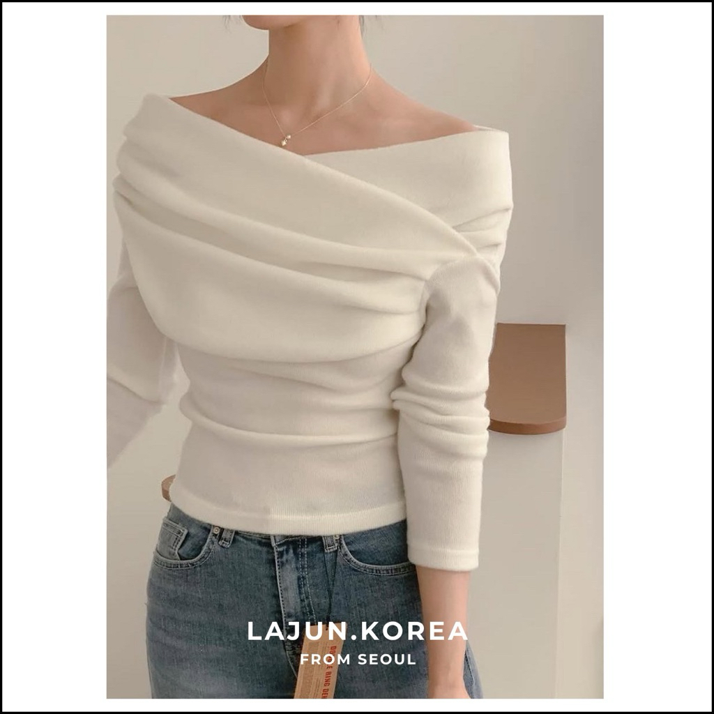 [LAJUN KOREA] Áo Len Wrap Xốp Mềm Ngực Đắp Chéo Trễ Vai Hàn Quốc