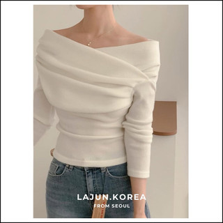   LAJUN KOREA  Áo Len Wrap Xốp Mềm Ngực Đắp Chéo Trễ Vai Hàn Quốc 