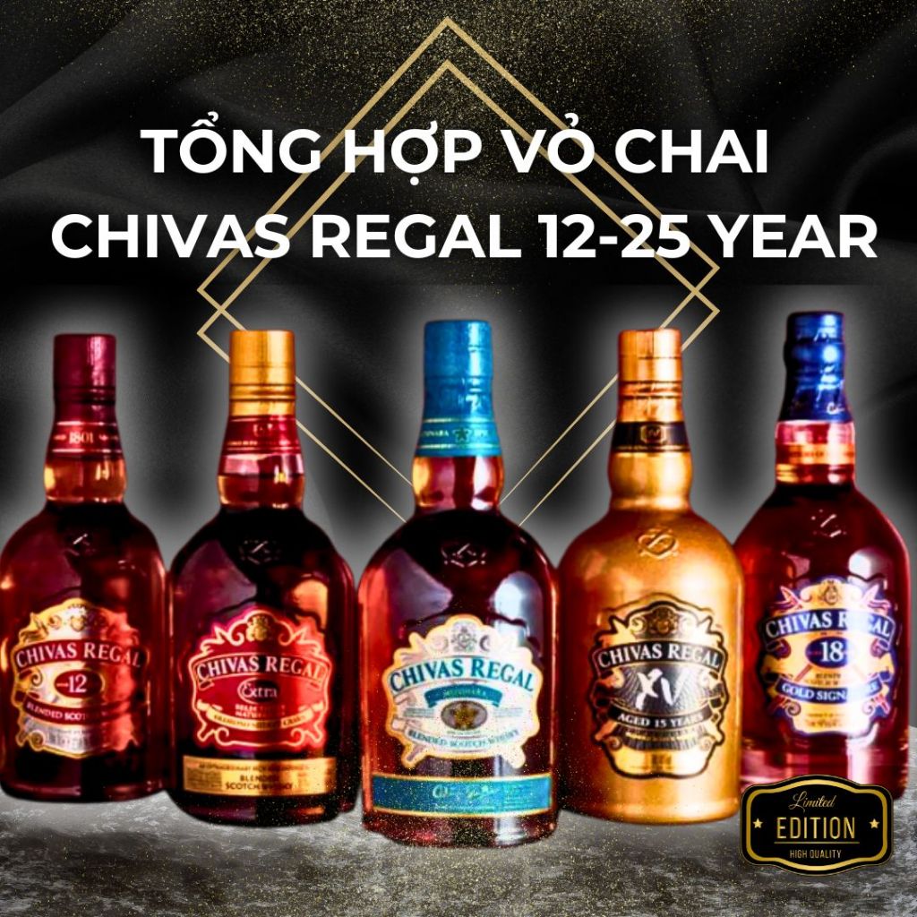 [DECOR] Vỏ chai rượu cao cấp Chivas Regal 12, 13, 15, 18, 20, 21, 25 làm đồ trưng bày đồ decor phòng
