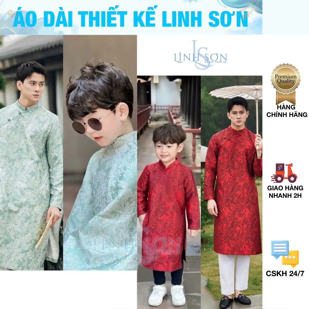 Áo dài Bố và Bé Trai Nam Hiên, chất  Gấm cao cấp hoạ tiết vân nổi  - Áo Dài Thiết Kế Linh Sơn