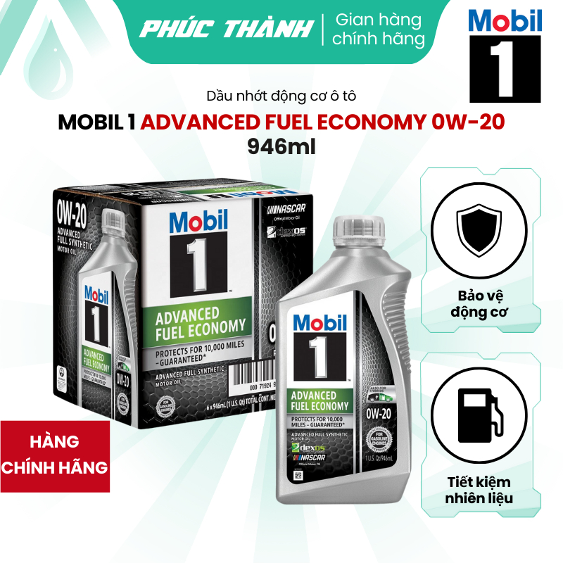 Thùng 6 Chai Dầu Nhớt Ô Tô Tổng Hợp Toàn Phần MOBIL 1 ADVANCED FUEL ECONOMY 0W20 946ml Nhập Khẩu Mỹ 