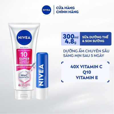 Bộ 2 Son Dưỡng Ẩm Môi NIVEA Original Care 4.8g và Serum Dưỡng Thể NIVEA 10 Super Vitamin & Skin Foods 300ml -85061+93824