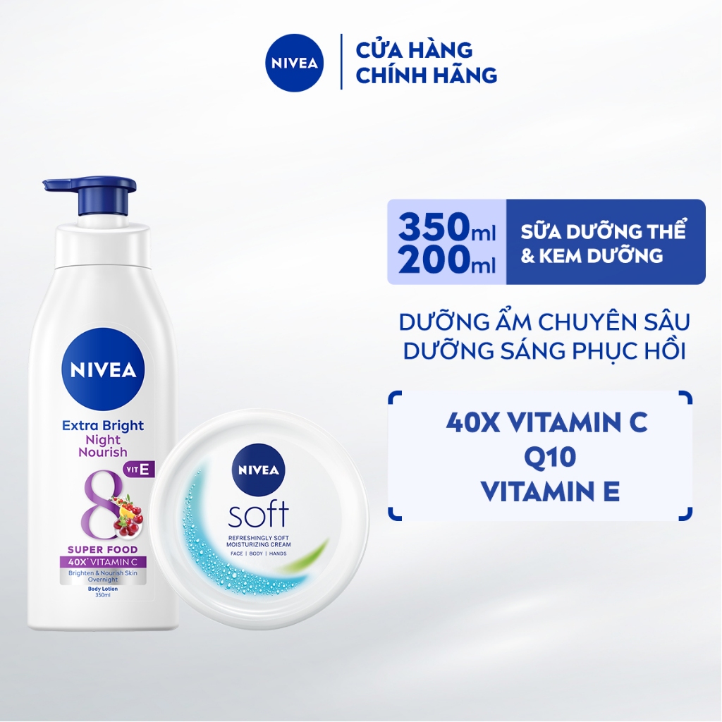 Bộ 2 Kem Dưỡng Mềm Da NIVEA Soft Crème 200ml và Sữa Dưỡng Thể NIVEA Sáng Da Ban Đêm 8 Super Foods 35