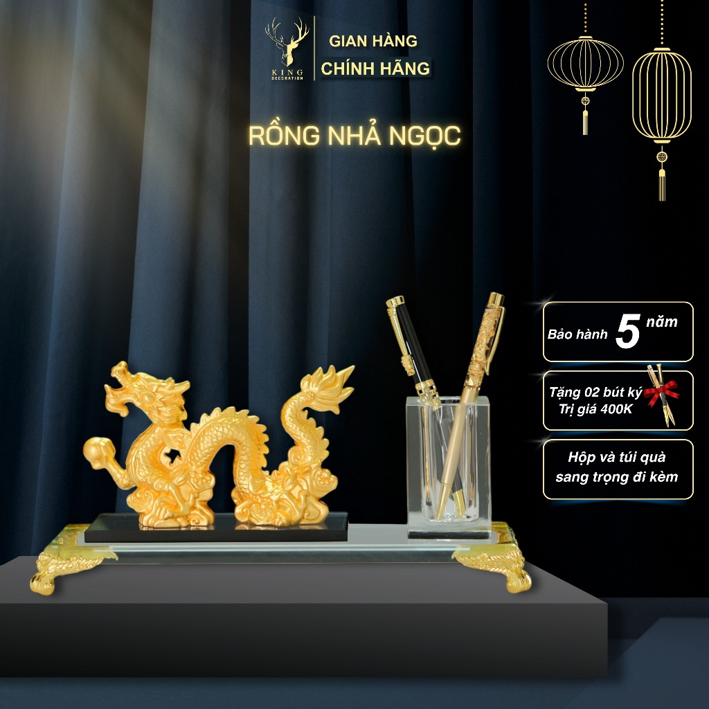 Hộp Cắm Bút Doanh Nhân Rồng Giữ Ngọc - Quà tặng Đồng Mạ Vàng 24K kết hợp Pha Lê K9 Cao Cấp