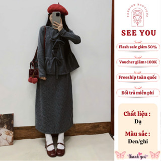  Set đồ dạ nữ tiểu thư hàn quốc See You áo cổ lọ ôm body mix áo hai dây babydoll buộc nơ phối chân váy dáng dài vintage 