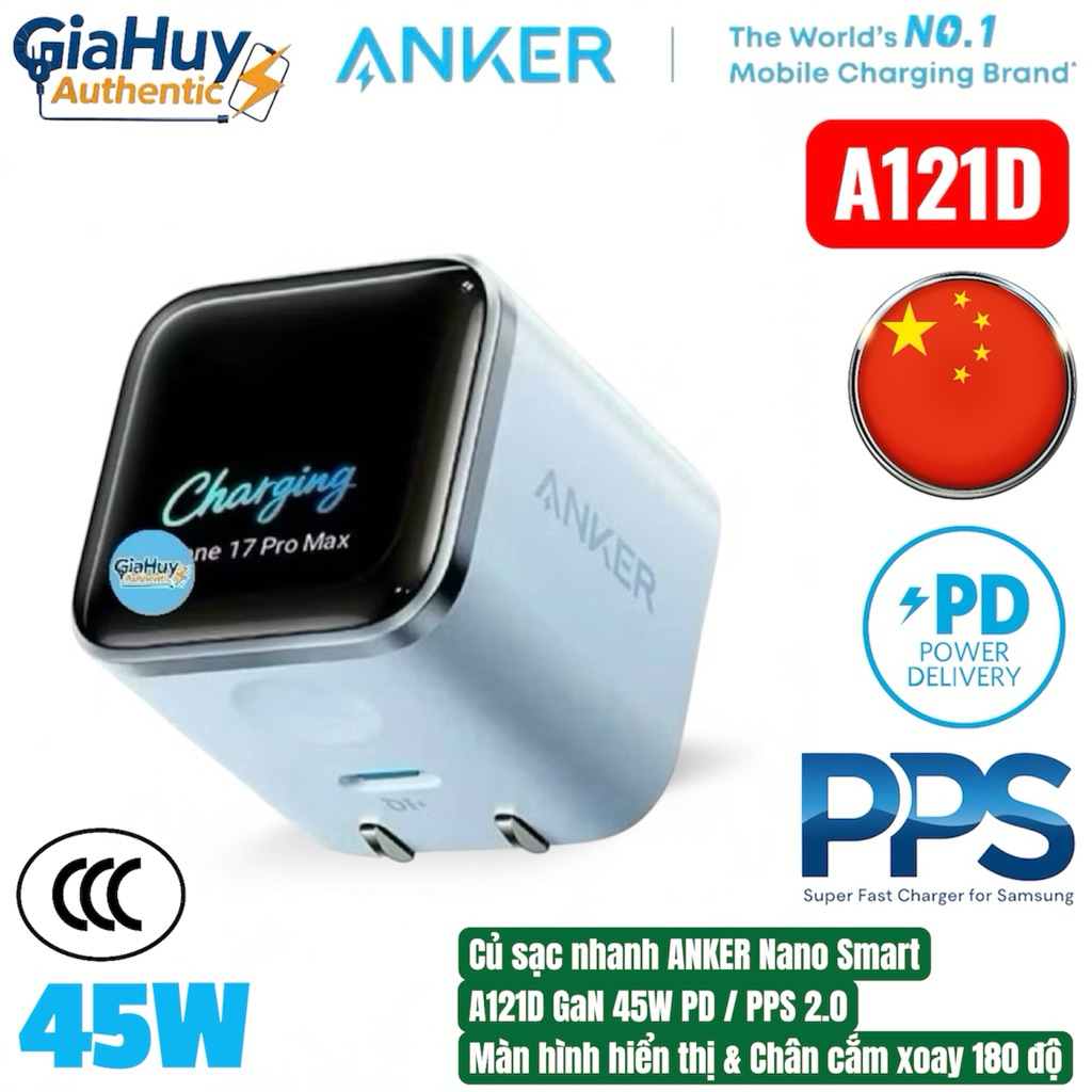 Củ sạc nhanh ANKER Nano Smart GaN A121D 45W PD/PPS chứng nhận CCC, màn hình hiển thị thông minh, châ