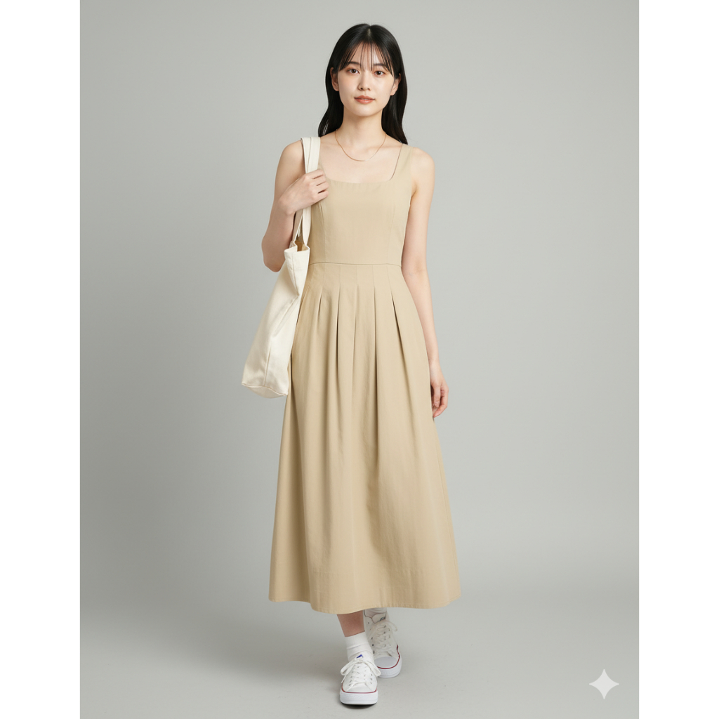 [Thanh lý] Đầm midi hai dây màu be dáng A thanh lịch La studios