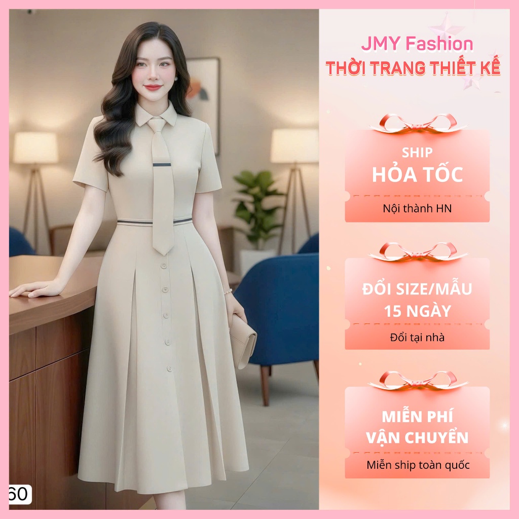 DS6860 Váy be kem cổ đức dáng xòe thiết kế công sở (tặng kèm cavat) [Dolce Viva Colection (DVC/ACC)]