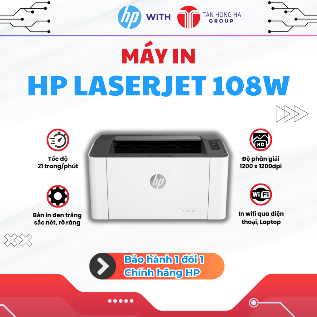 Máy in laser đen trắng HP 108W 4ZB80A (A4/A5/ USB/ WIFI) - Bảo hành chính hãng 12 tháng