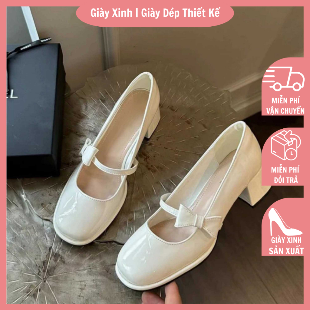 Giày cao gót Mary Jane đế đúp nơ cạnh da bóng nano mềm - G111