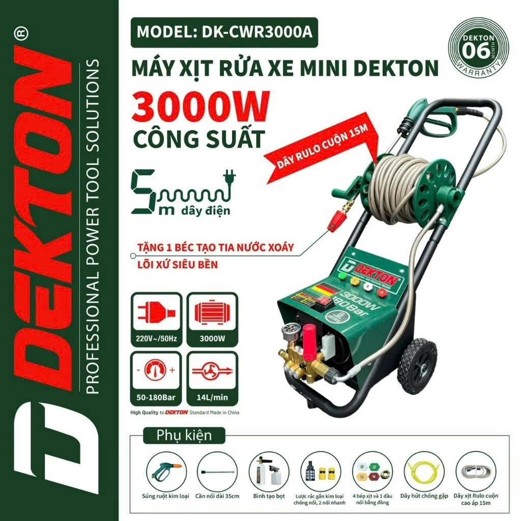 Máy rửa xe Dekton /  DK-CWR3000A / Công Suất 3000W/ Lưu Lượng 14L/P/  Hàng Chính Hãng